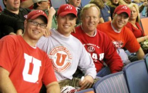 Alan Wood (third from the left) with his sons (from left to right) Rob, Jeff and Eric, at the 2009 Sugar Bowl, where Utah beat Alabama. All four are proud U alumni. 