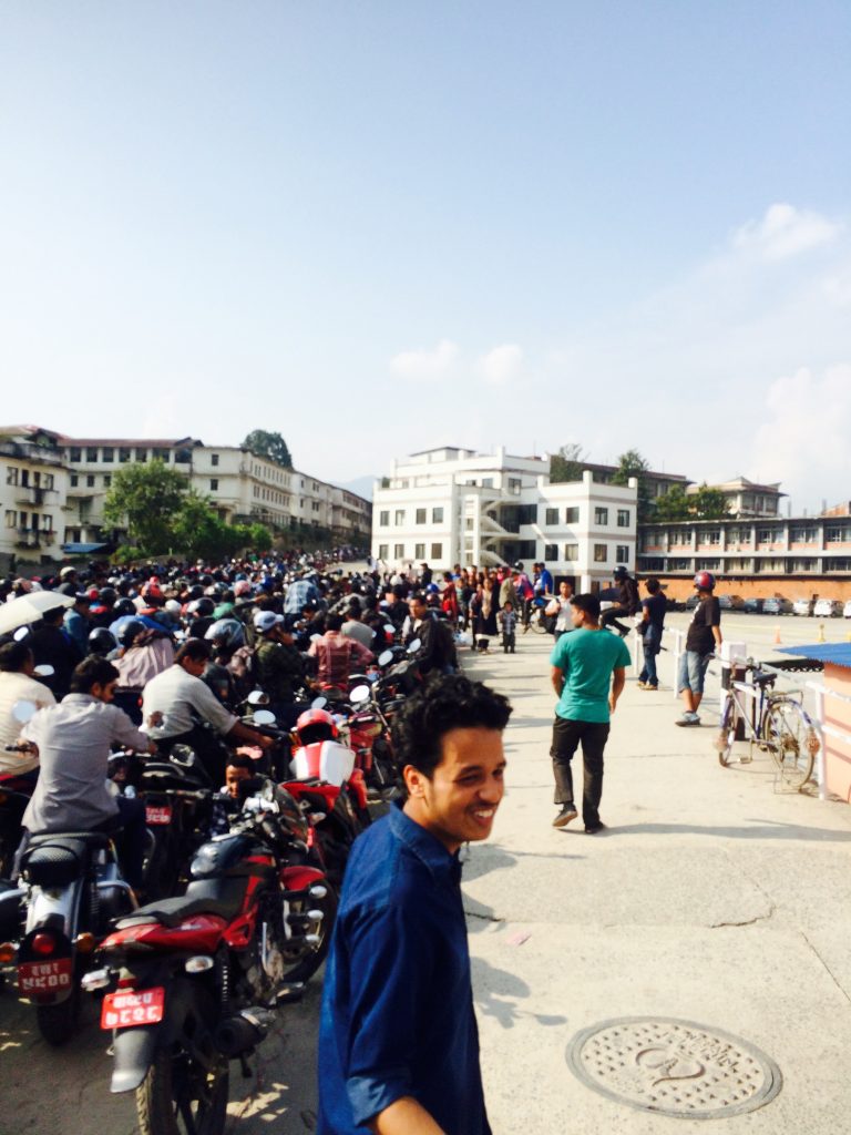 Petrol lines (for gasoline) during the fuel crisis. No gasoline was making it across the Indian border due to the trade blockade. Many waited in line for days on end just to get a few liters of gas, rationed out by the Nepal government.