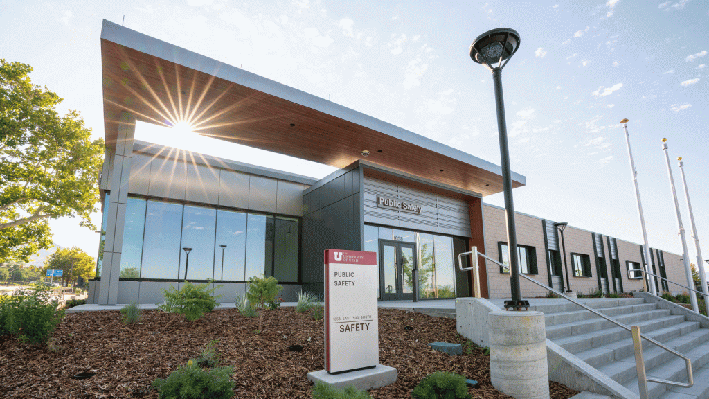 The new public safety building at the U on a clear, summer morning