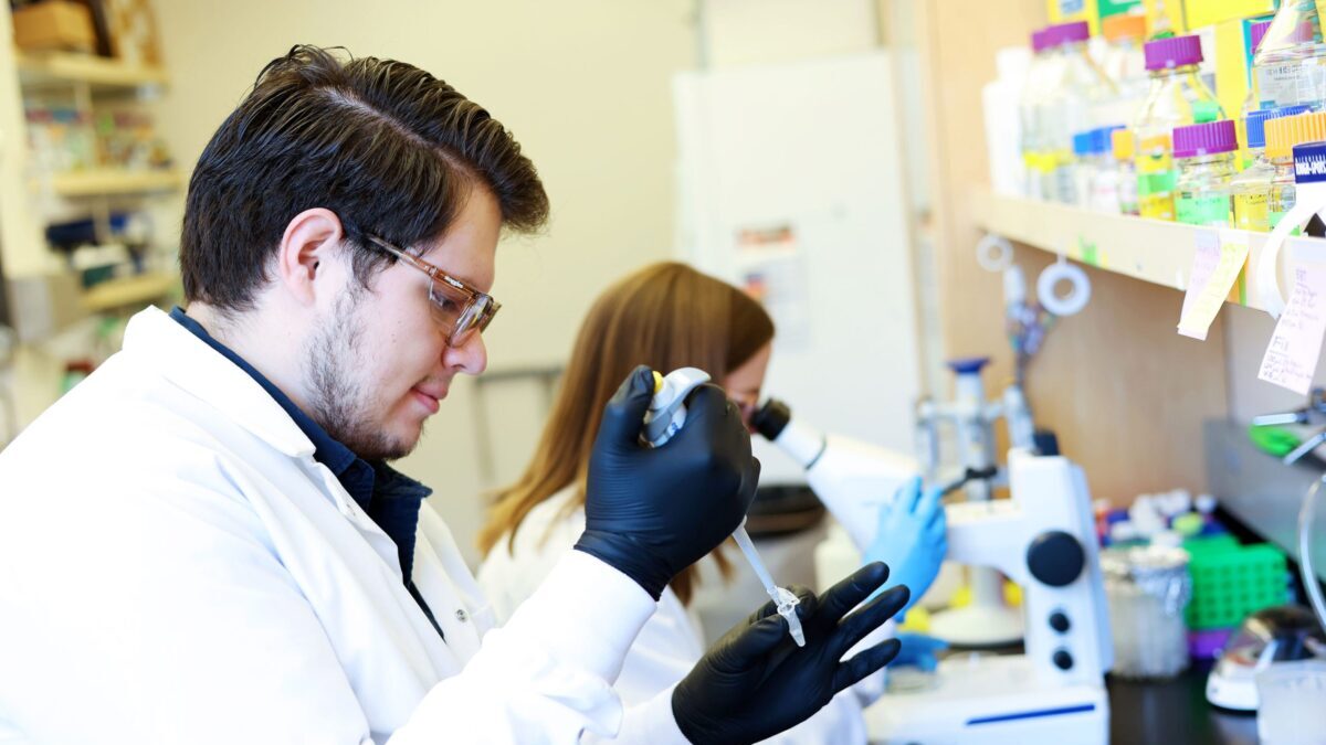 People wearing PPE in a lab. One looking in a telescope and one pipetting.
