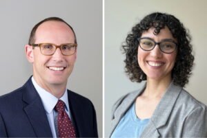 Headshot of a man on the left, and woman on the right.
