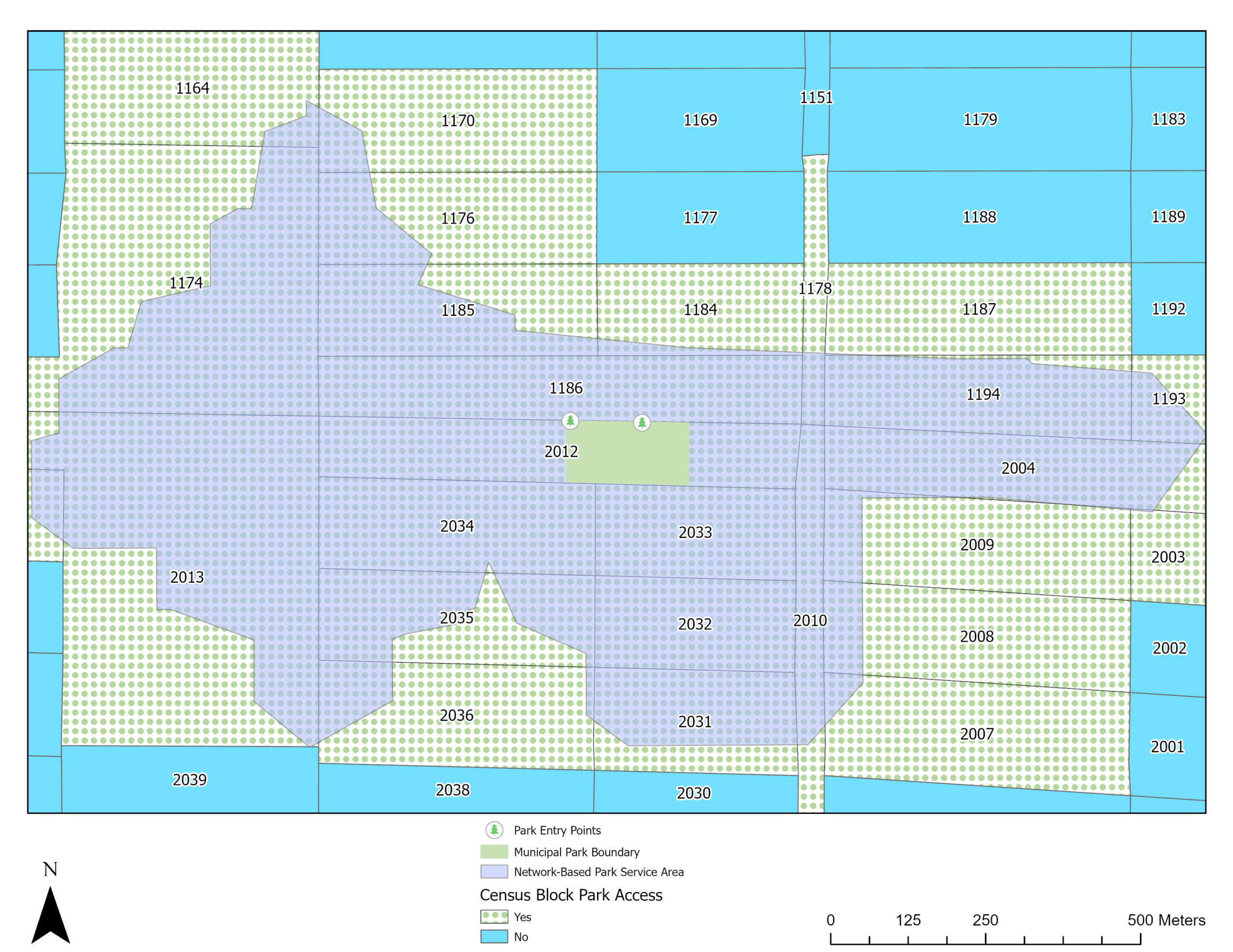 A city block with a green park in the middle. Directly surrounding the park is lavender region representing residents who live within a ten-minute walk. Then green area outside of that and blue region outside of that.
