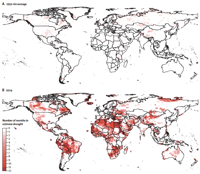 A map of the world, with red pixels showing the extreme drought on average. The top map is between 1951-1960, the bottom is 2024. the Bottom map has more read nearly everywhere.