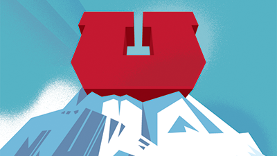 Vintage-style illustration of red block U atop a snowy mountain