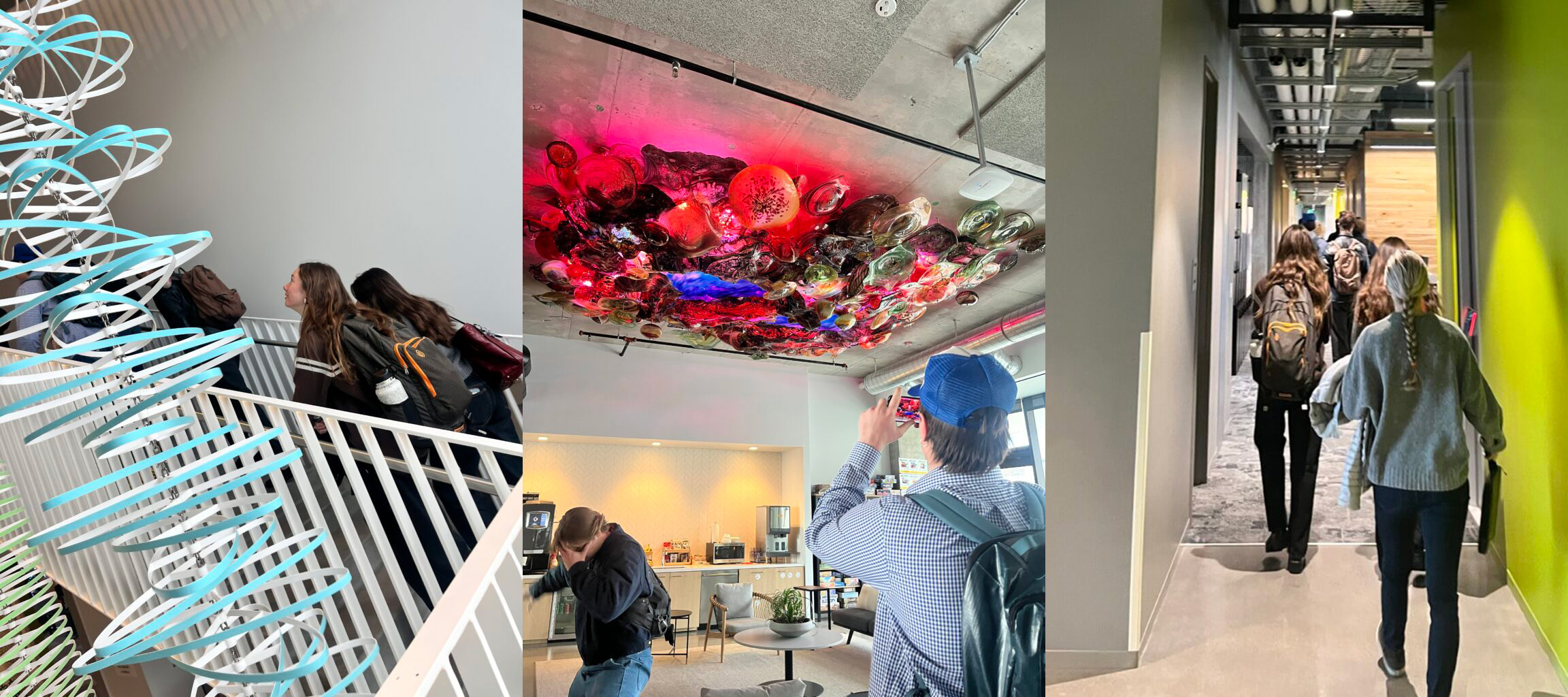 A collage of three photos that show students taking a tour of a building with modern design elements and art on the walls.