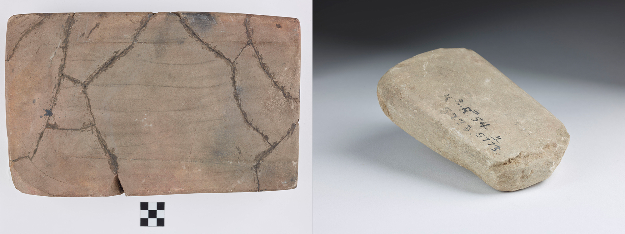 Two artifacts, both made of sandstone. The left is a large slab with cracks and the right is a lighter, smaller handheld stone.