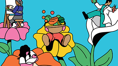 Illustration of doctor, artist and a newborn baby with mother popping out of flowers.