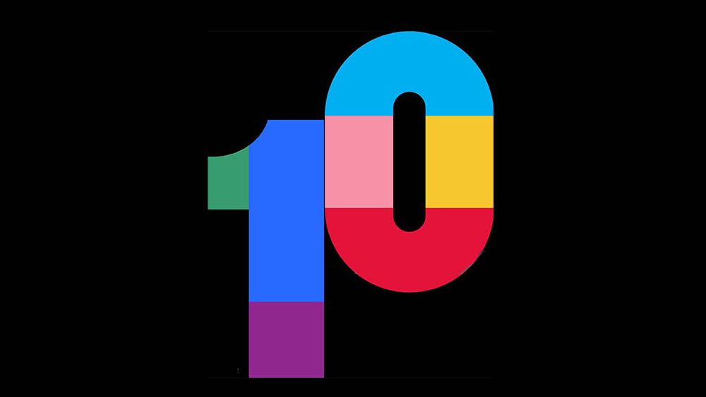 Colorful geometric number ten composed of bold blocks on a black background.