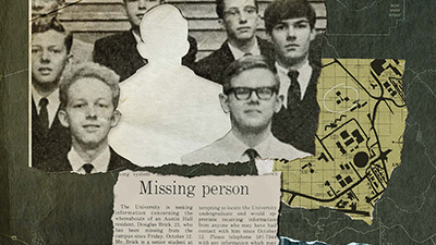 Collage featuring a missing person notice, vintage photos, campus scenes, and a map layered in a scrapbook style.