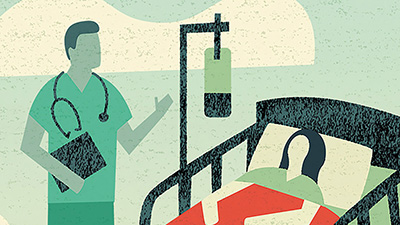 Illustration of a health care provider standing beside a patient resting in a hospital bed.